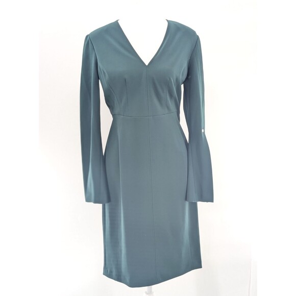Tommy Hilfiger Cocktail Office Long Sleeve V-Neck Dress Green Zip Up Size 4 - Picture 1 of 12